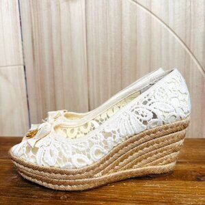 Tory Burch Jackie Ivory Crochet Espadrille Wedge Platform Open Toe Shoes Size 7